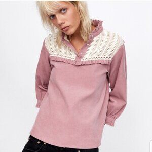 ZARA BASIC CORDUROY CROCHET TRIM BOXY CUT TOP Women's Small BLOUSE